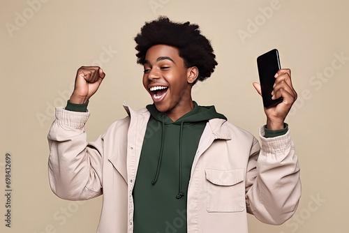 happy african american teenager ethnic cool guy student winner holding cell phone winning money online cellphone using mobile app celebrating gre result yes isolated beige background photo