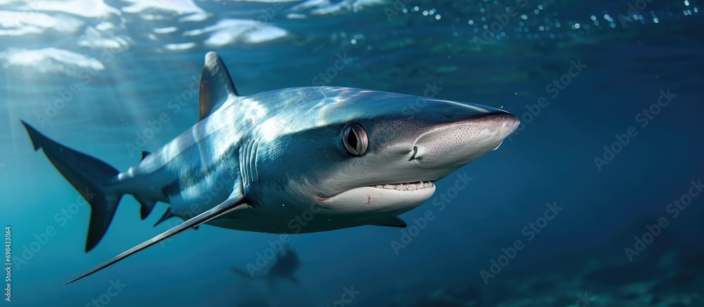 Obraz premium Blue shark, Prionace glauca, seen near Cape Point, South Africa, Atlantic Ocean.