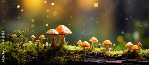 Autumn forest with moss and bokeh  showcasing mushrooms in macro photography.