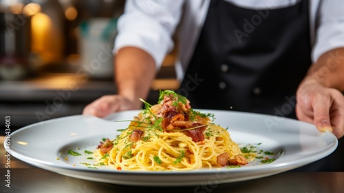 Close-up of a chef holding spaghetti carbonara with tomatoes, cheese and bacon.