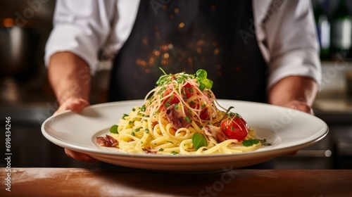 Close-up of a chef holding spaghetti carbonara with tomatoes, cheese and bacon.