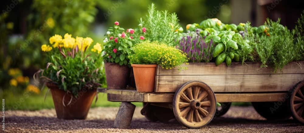 Backyard garden with spicy herbs in planters and flower in wheelbarrow at home.