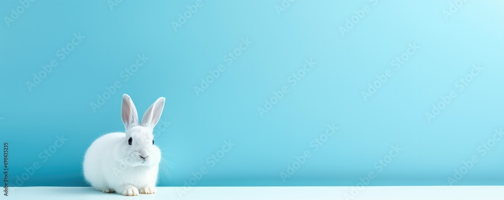 the bunny is sitting next to a blue wall.