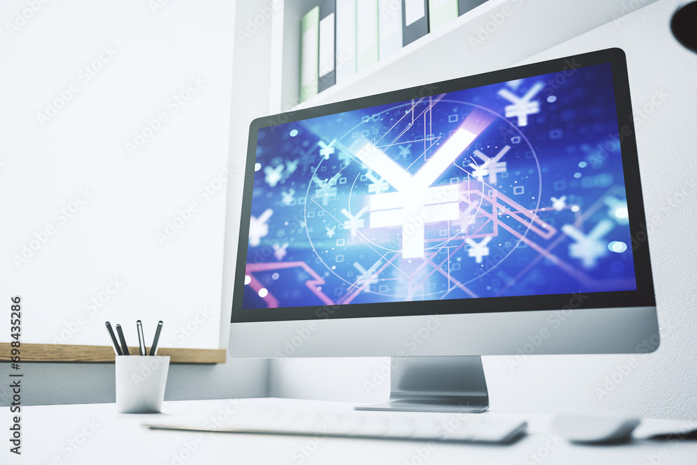 Modern computer monitor with creative Japanese Yen symbol hologram. Banking and investing concept. 3D Rendering Modern computer monitor with creative Japanese Yen symbol hologram. Banking and investing concept. 3D Rendering