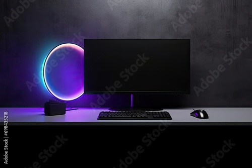 Gaming computer desk isolated screen mockup Free space promo text Modern computer RGB light photo