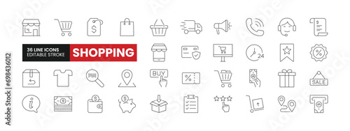 Set of 36 Shopping line icons set. Shopping outline icons with editable stroke collection. Includes Cart, E-Commerce, Sale, Shop, Discount, and More.