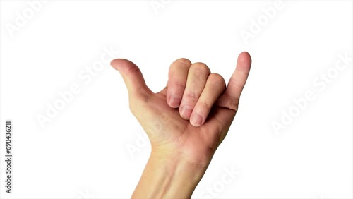 Close up shot of a male hand throwing a classic hang loose sign, against a plain white background photo