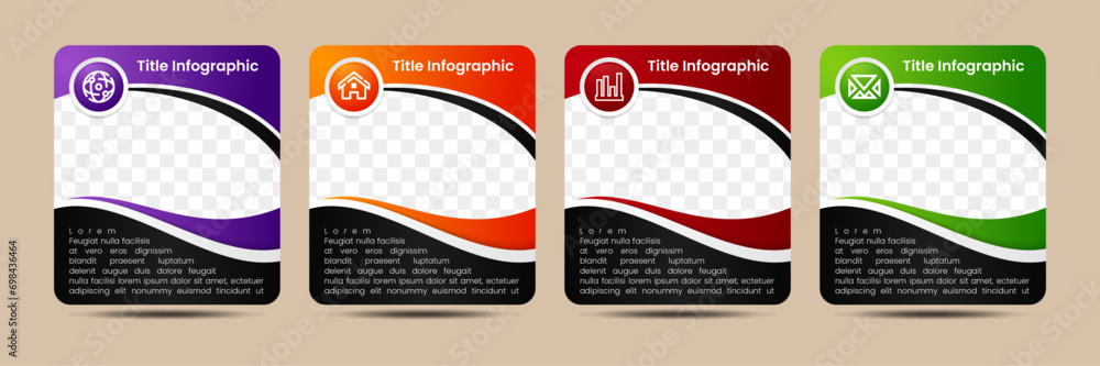 Vector simple multipurpose infographic template with rectangle photo placeholders icons and text blocks. Business company overview profile, four gradient color blocks selected. black background