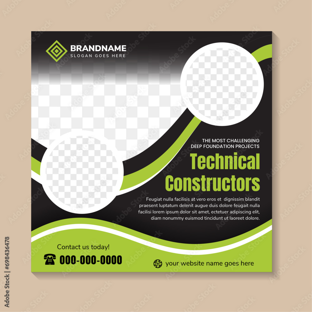 abstract social media post banner template design use headline is technical constractors. square layout with space for photo and text. black background with white and green elements. abstract social media post banner template design use headline is technical constractors. square layout with space for photo and text. black background with white and green elements.