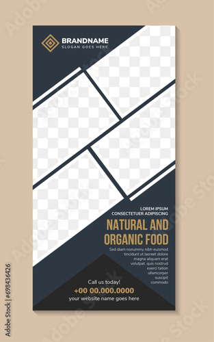 natural and organic food banner or flag-banner promotion, roll up banners vertical layout template design, for advertisements, business, flyers, and graphics. diagonal mosaic rectangle space for photo