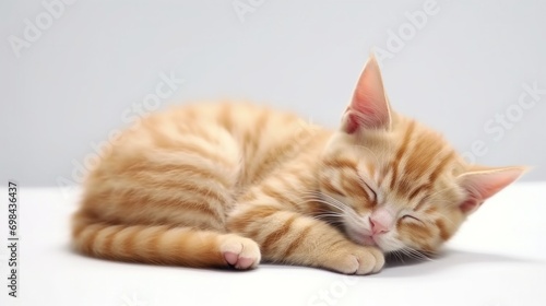 A small orange kitten sleeping on a white surface