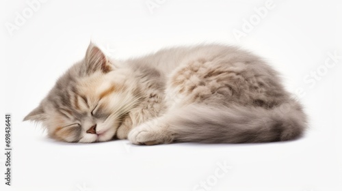 A small kitten is sleeping on a white surface