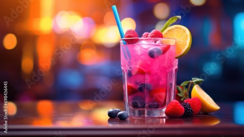 A glass of fruity drink with a blue straw