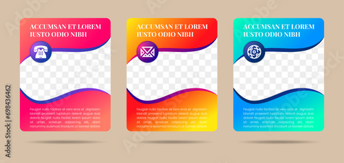 Vector simple multipurpose infographic template with rectangle photo placeholders icons and text blocks. Business company overview profile with photos and three gradient color blocks selected.
