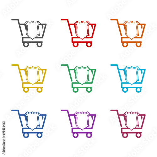 Shopping cart with shield icon isolated on white background. Set icons colorful