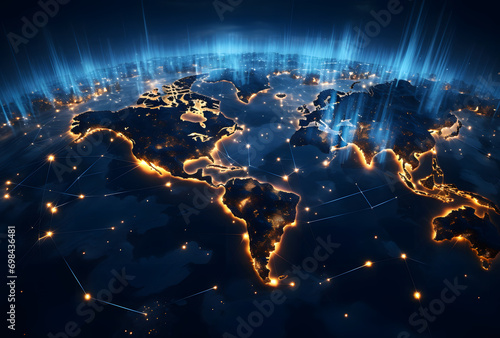 Global worldwide network connection and data connections concept. A world map with a blue light connected to it, gold and navy, global influences. Communication technology for internet. photo