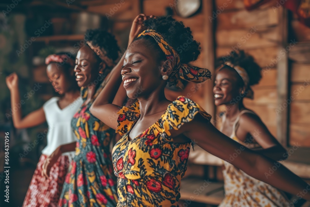 Group of young black african beauty women in their forties participating in an energetic dance workshop, embracing the rhythm and camaraderie of a lively salsa session generative ai - obrazy, fototapety, plakaty 