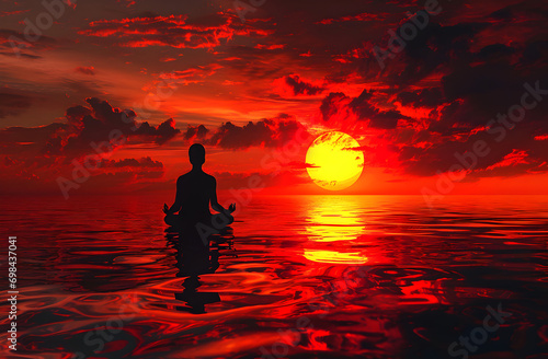 Sunset Serenity: Zen Meditation in Fiery Seascape © HNXS Digital Art