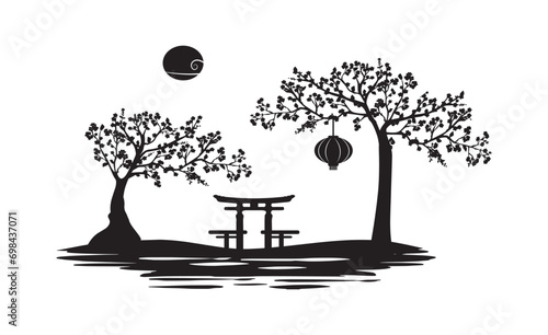 silhouette Japanese landmarks torii gate in the sakura garden near the water vector