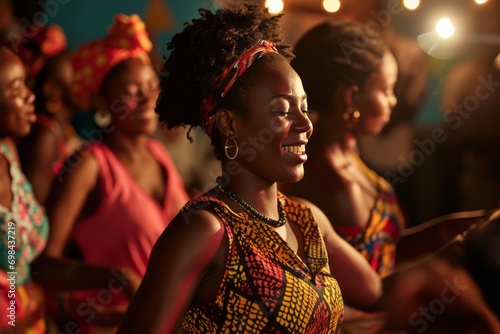 Group of young black african beauty women in their forties participating in an energetic dance workshop, embracing the rhythm and camaraderie of a lively salsa session generative ai