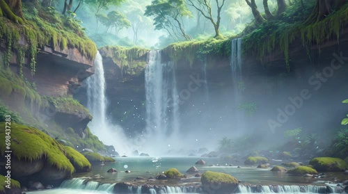a waterfall in the river stream inside tropical forest looping animation background