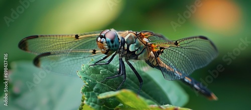 Close-up photo of a dragonfly on a leaf © AkuAku