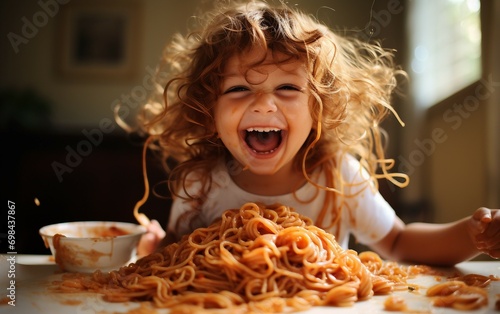 Pasta Playfulness Youngster Finds Joy in Spaghetti Meal
