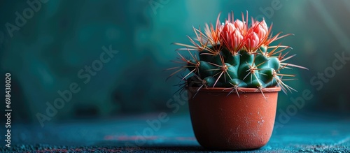Colorful office or home decoration with a beautiful Gymnocalycium mihanovichii cactus in a garden pot. photo