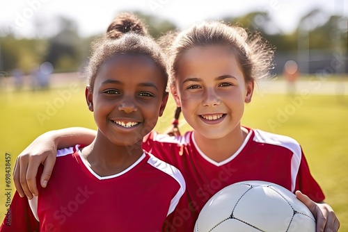 portrait girls field sports soccer player smiling teammate soccer ball football young kids having fun summer day match game team friends teamwork sport