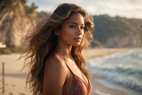portrait photo of a woman on a beach