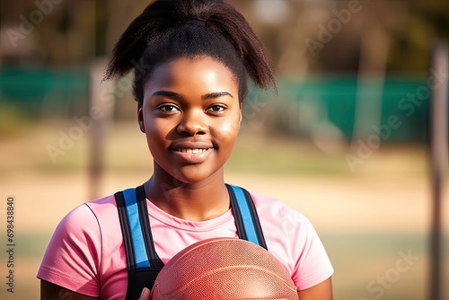 portrait black girl netball sports smile fitness training game outdoor happy teen ready exercise athlete african female ball healthy active lifestyle photo