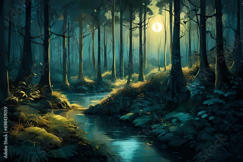 forest in the morning with water stream