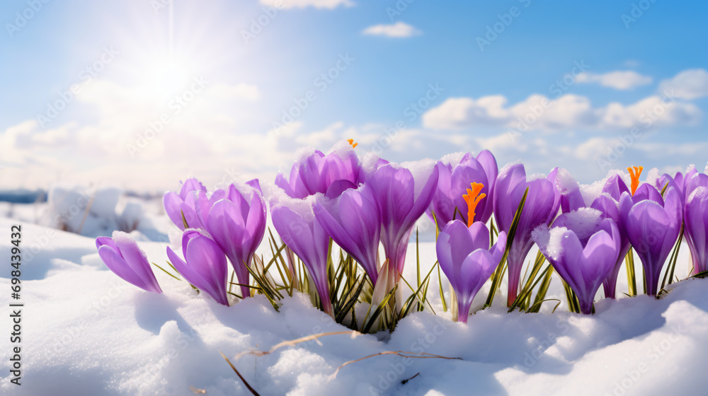 Spring Crocus Flowers in Snow in Sunny Day