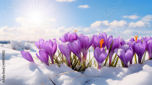 Spring Crocus Flowers in Snow in Sunny Day © Nobel
