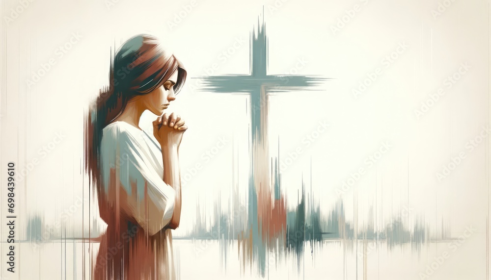 Illustration of a woman praying in front of a cross Stock Photo | Adobe ...