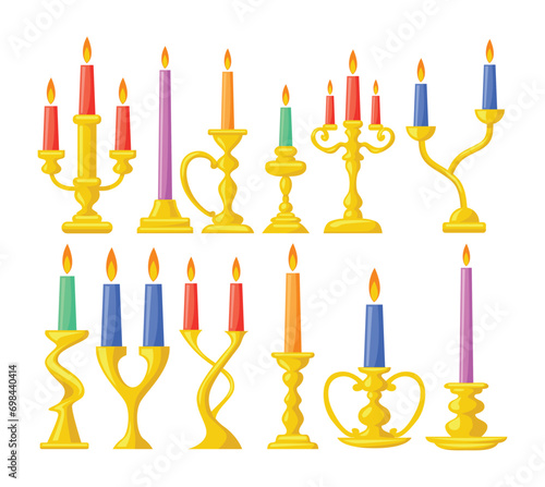Vintage golden candles in candlestick set collection, old lamp with various stick, Hand lanterns with candle black twisted wax holder, decoration traditional lightning, antique victorian candle.