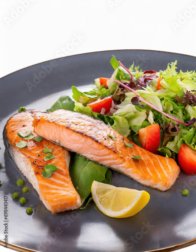 Succulent grilled salmon steaks on a plate with salad , white isolated screen for copy space.