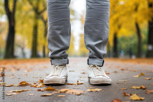 A guy's feet in stylish sneakers stand on an asphalt path in a city park, expressing urban youth energy. Male, 25 years old, European ethnicity.