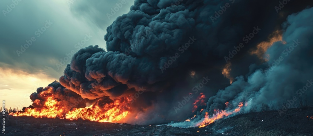 Obraz na płótnie Black smoke rises from the fire, symbolizing the harshness of war. w salonie