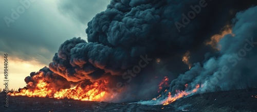 Black smoke rises from the fire, symbolizing the harshness of war.
