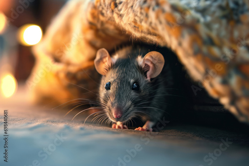 Close-up of a rat nestled in a small nook behind a sofa, with the distant sound of a TV and soft living room lighting