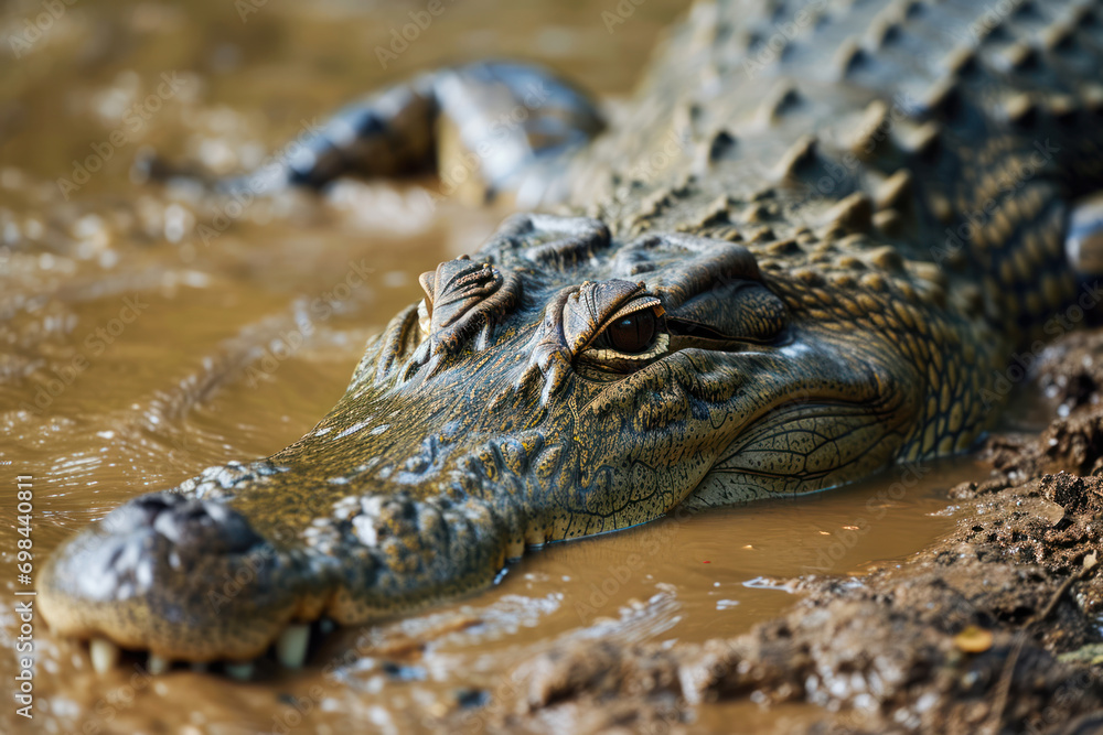 A saltwater crocodile lurking in the muddy waters of a northern Australian river, with a focus on its powerful jaws A saltwater crocodile lurking in the muddy waters of a northern Australian river, with a focus on its powerful jaws
