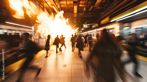 Terrorism explosion causes panic in the subway. Blurred chaos photo
