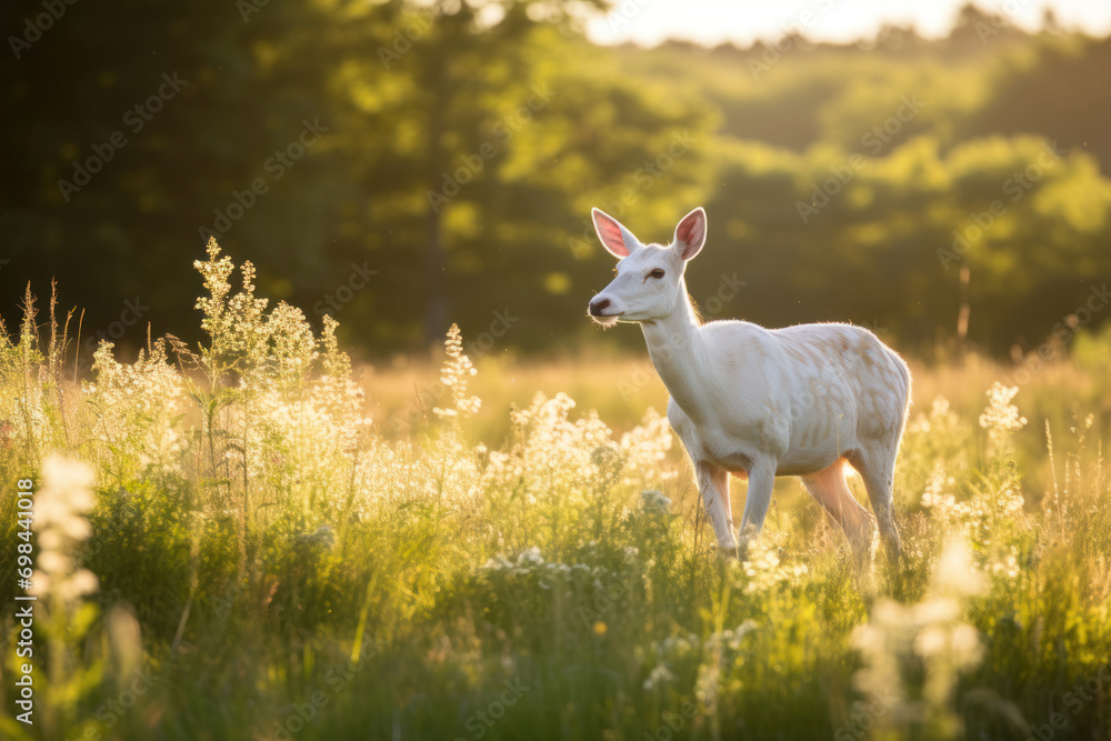 An albino deer peacefully foraging in a sunlit meadow, illustrating the serenity and natural charm of wildlife in its habitat An albino deer peacefully foraging in a sunlit meadow, illustrating the serenity and natural charm of wildlife in its habitat