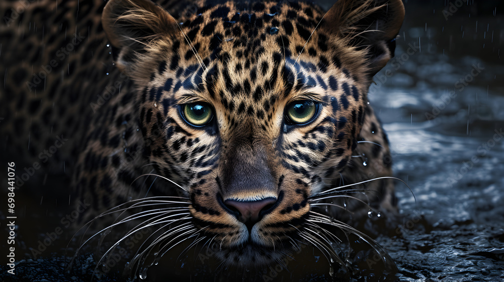 Portrait of a Leopard in the Water Swimming and Looking