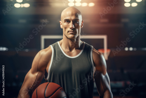 Portrait of a basketball player, male, 35 years old, Caucasian, in basketball attire, on the court, focusing on his tall stature and athletic build, with a confident expression © Hanna Haradzetska