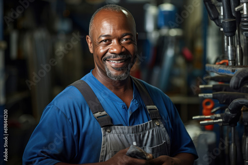 Portrait of an experienced plumber, male, 48 years old, African American, holding tools, in a typical work setting, with natural lighting and focus on skilled hands photo