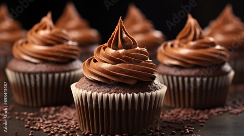 Sweet snack dark chocolate cupcakes with chocolate ganache frosting on dark background. AI generated photo