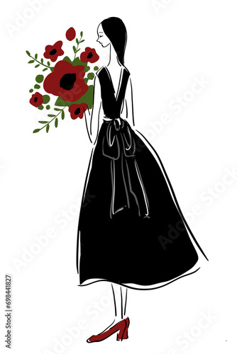 It is a painting of a girl in a black dress holding a red flower.