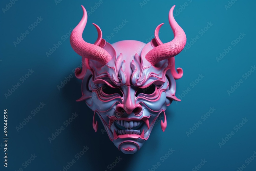 3D illustration of pink Hannya mask with horns on blue background, inspired by Japanese demons. Generative AI
